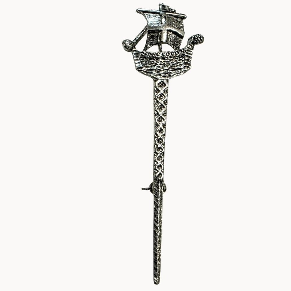 Vintage Viking Ship Kilt Pin Brooch Silver Tone Sail Boat Sword Scottish Jewelry